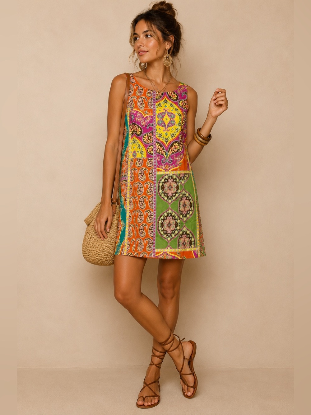 Peter Nygard Petite 8 Shift Dress Paisley Patchwork Sleeveless Resort Boho Retro